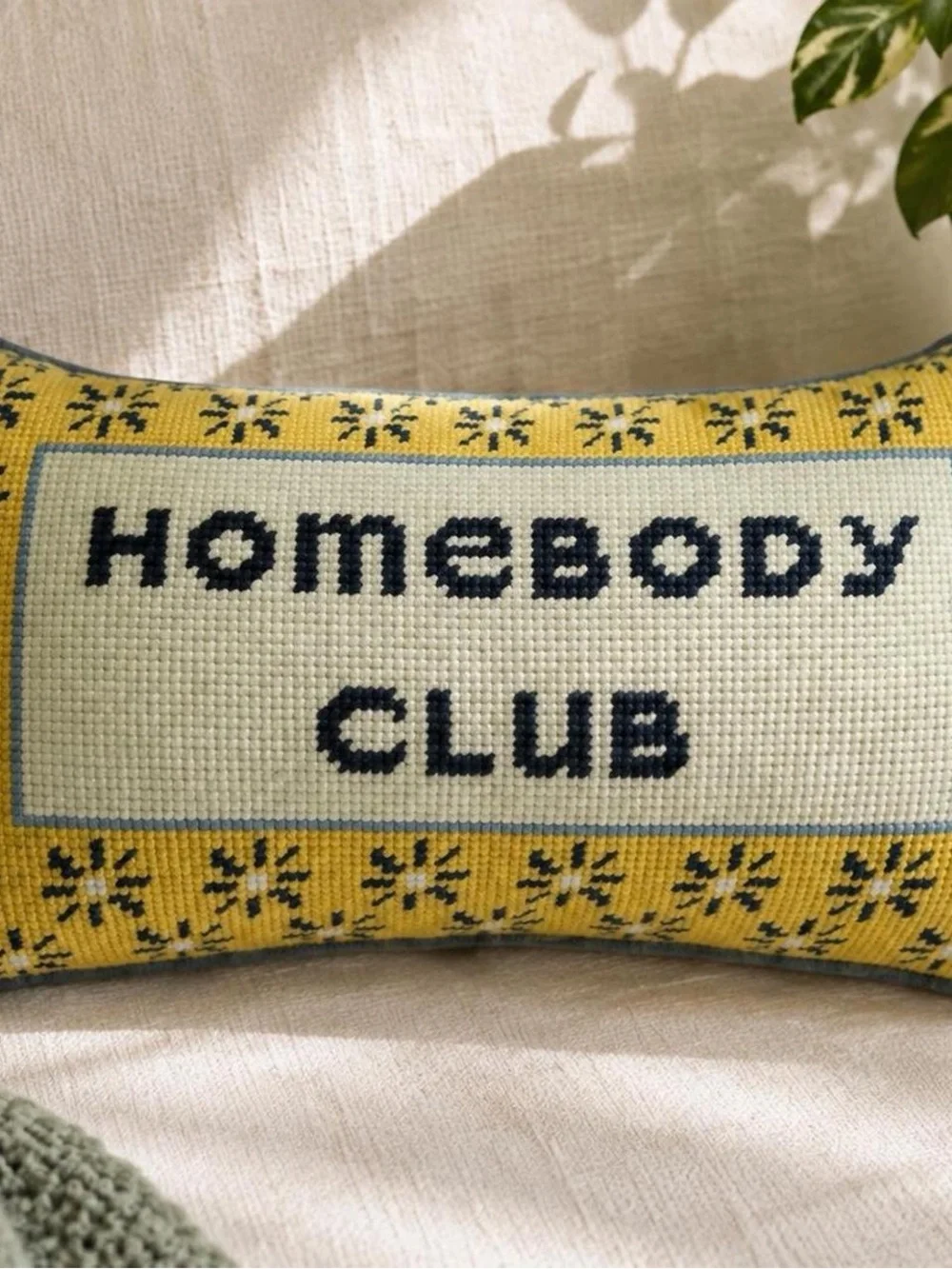 Homebody Club Needlepoint Lumbar Accent Pillow Yellow Blue NWT